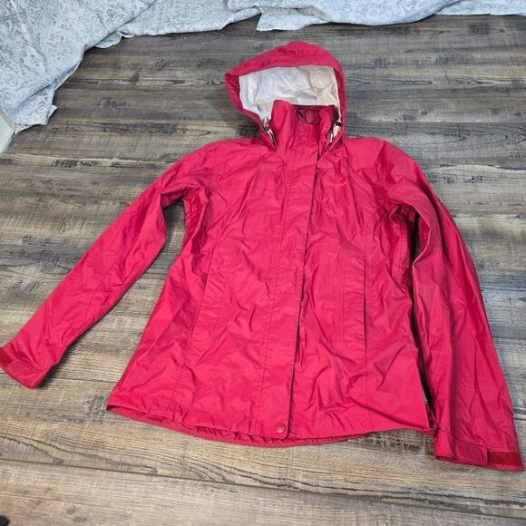 Marmot Precip Rain Jacket Women Size Small Desert Red Color High neck Arm Vents - Picture 4 of 15